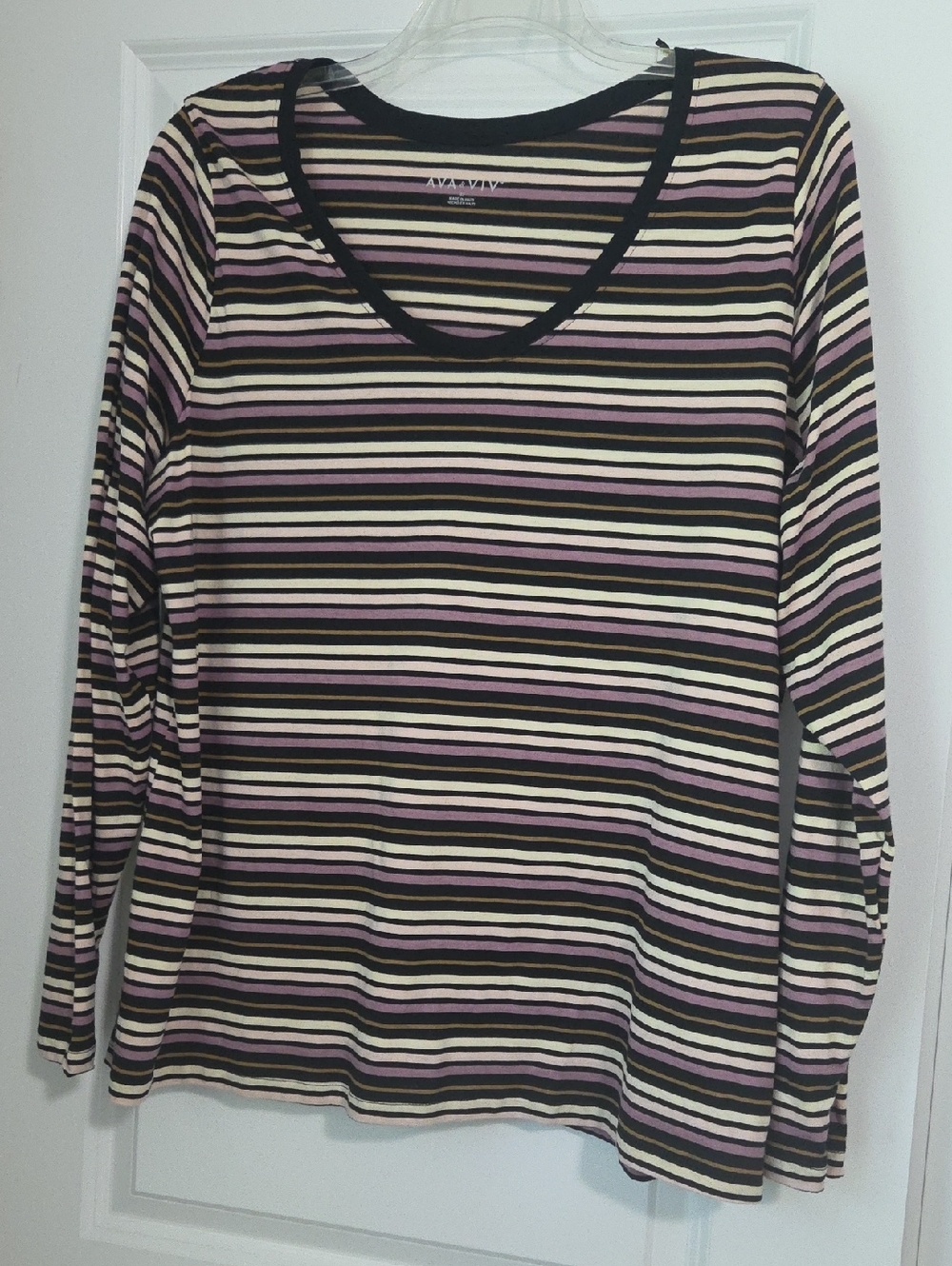 Ava & Viv Black, Cream & Mauve Striped Long-Sleeve Scoop Neck Top